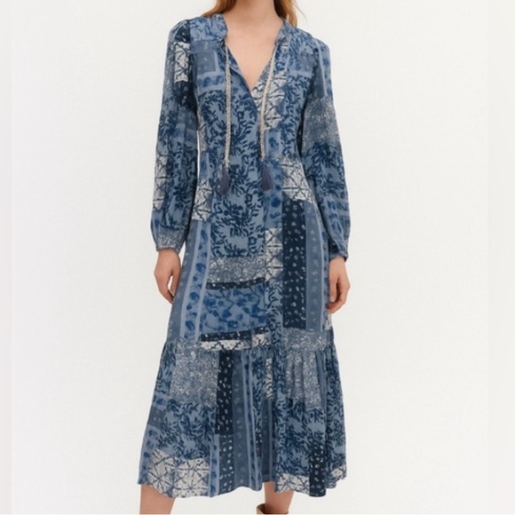 Frye Dresses & Skirts - Frye Women XS Blue Chambray Patchwork Boho Western Long Sleeve Midi Dress NWT